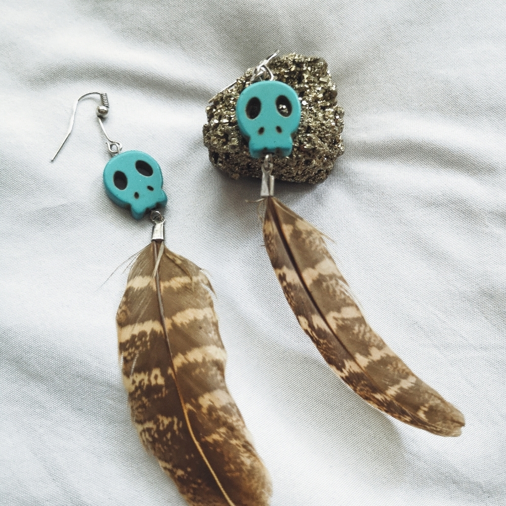 Turquoise & Feather Skull Earrings